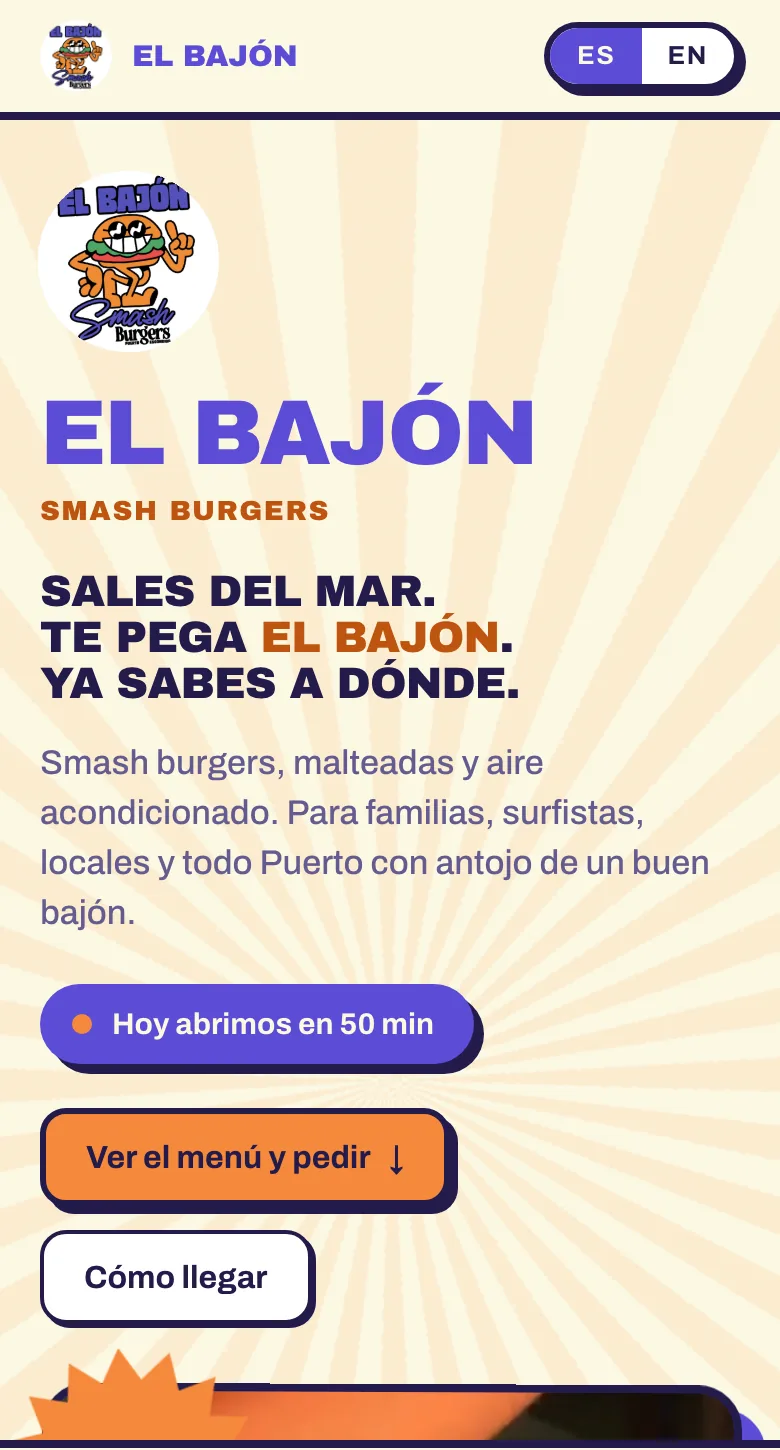 El Bajón Smash Burgers, página de restaurante